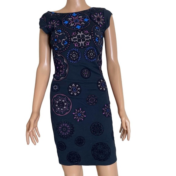 Desigual Dress VEST SOFIA Womens Stretch bodycon SZ XS black velvet edge short - Picture 2 of 11